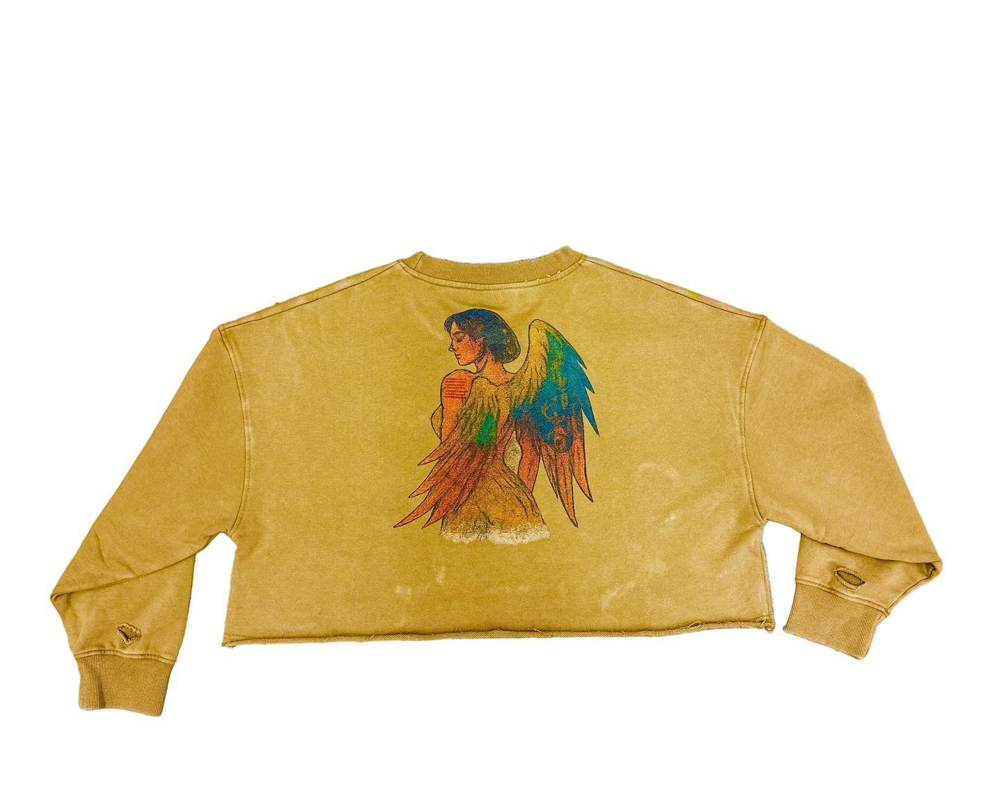 Beige sweatshirt with a colorful angel graphic on a textured beige background