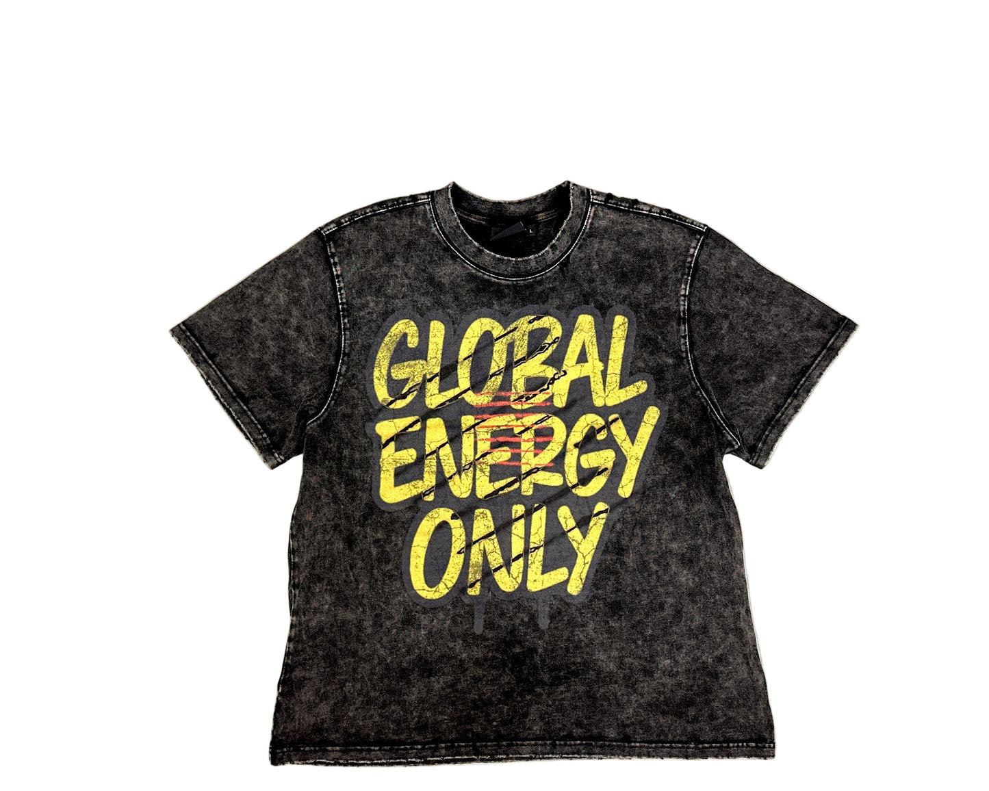 Black t-shirt with 'GLOBAL ENERGY ONLY' text on a textured surface