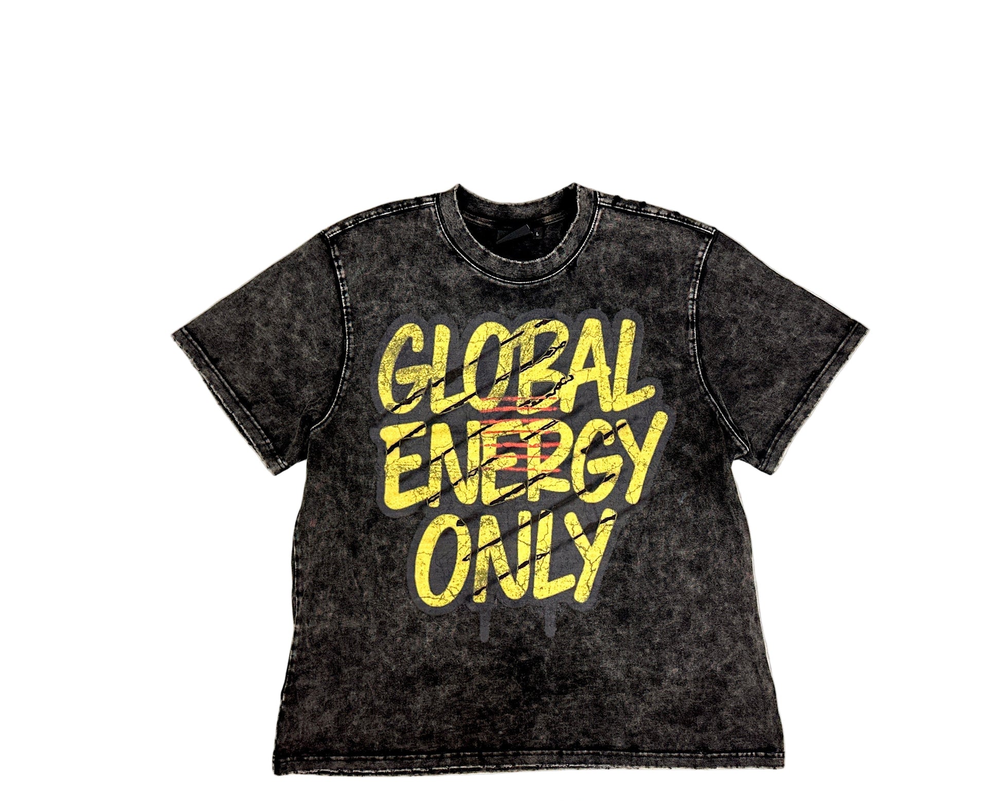 Black t-shirt with 'GLOBAL ENERGY ONLY' text on a textured surface